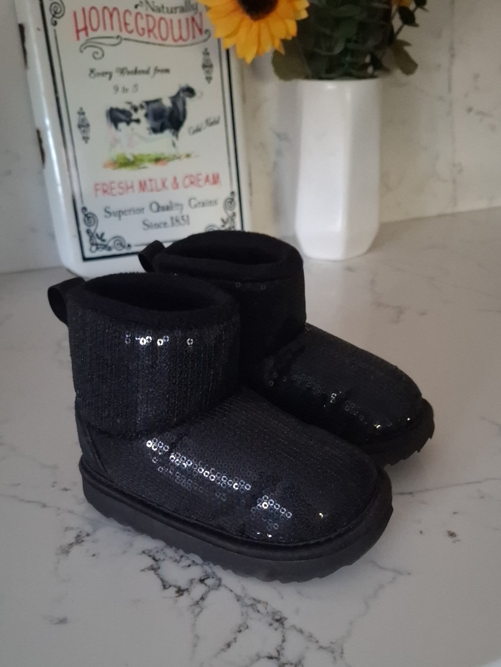 Ugg Kids Black Sequin Booties - Cozy Slip-On Winter Shoes
